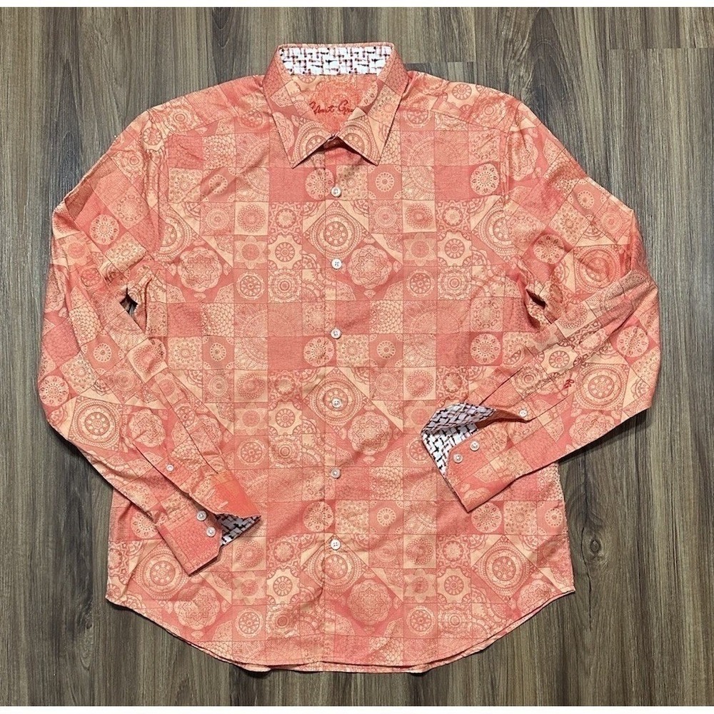 Robert Graham Orange Geometrical Pattern Button Down Flip Cuff Long Sleeve Sz XL